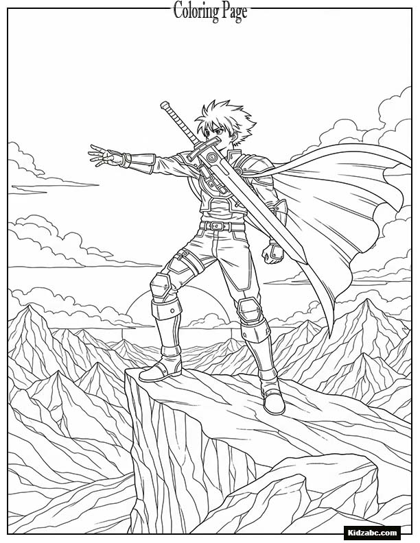 Anime hero standing on a mountain cliff