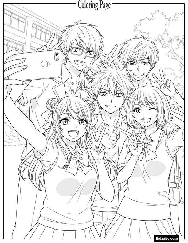 Anime school friends taking a group selfie