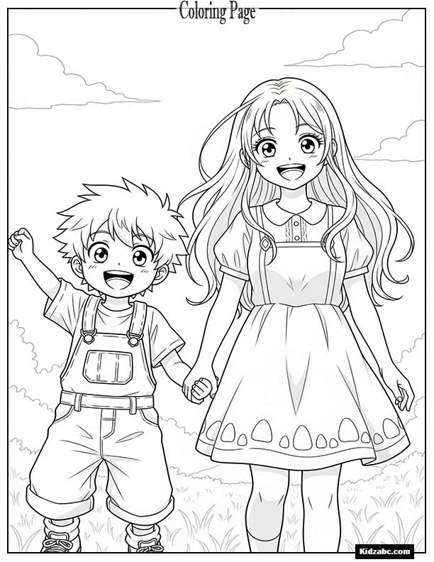 Anime siblings holding hands and smiling