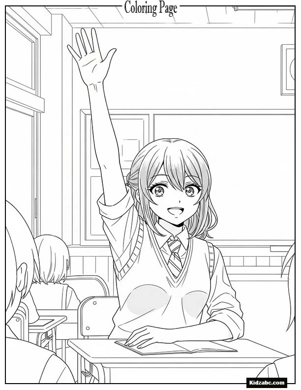 Anime student raising her hand in class