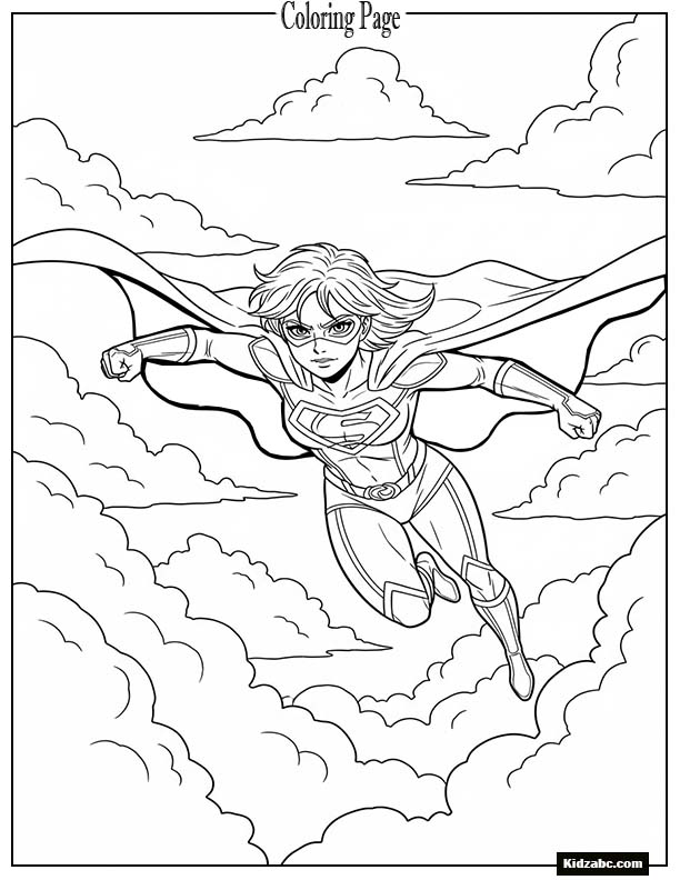 Anime superhero girl flying through clouds