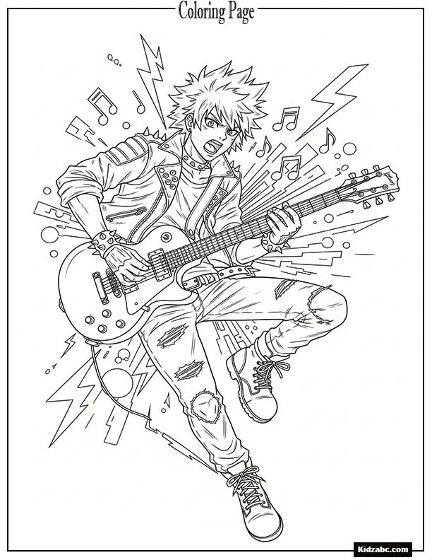 Cool anime rocker with guitar pose