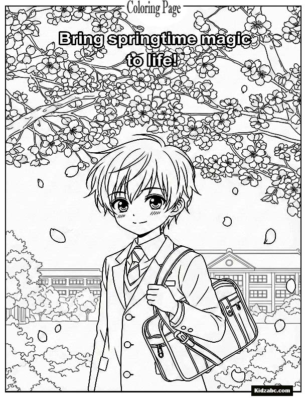 Cute anime boy with a school bag standing under a cherry blossom tree