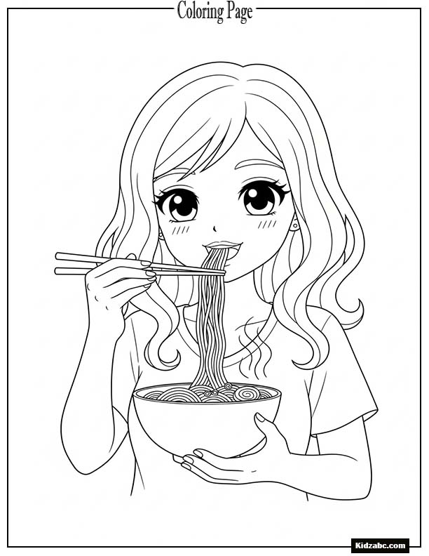 Cute anime girl eating ramen noodles