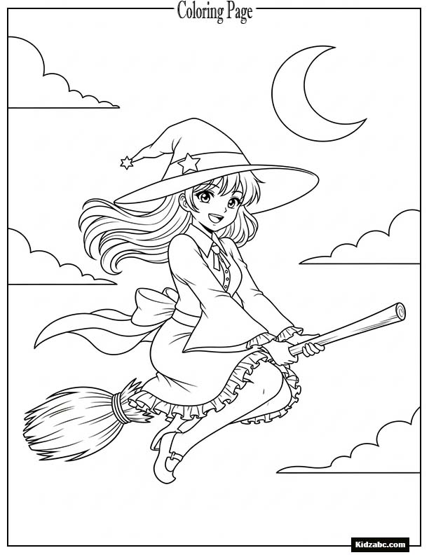Cute anime witch flying on a broom