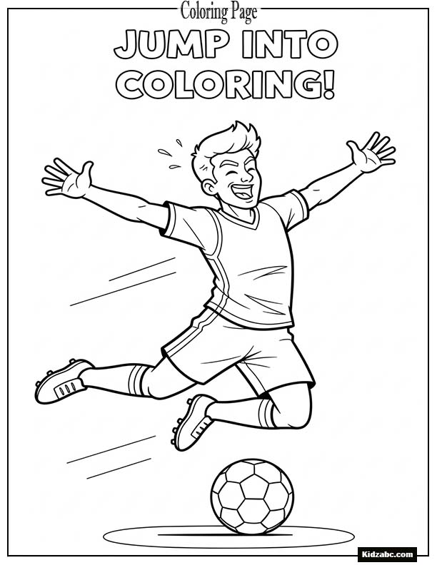 Footballer leaping over the ball in a playful pose