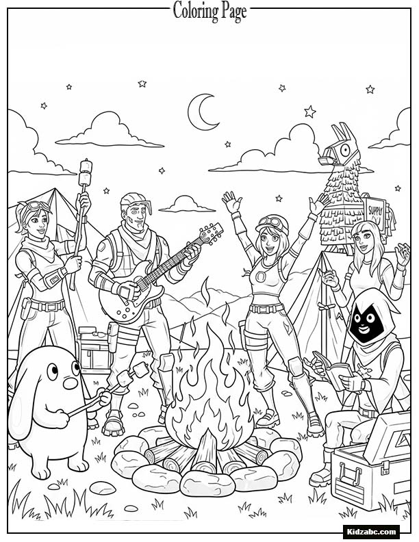 Fortnite characters celebrating around a campfire