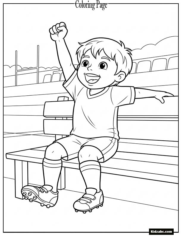 Kid cheering from bench with football boots on