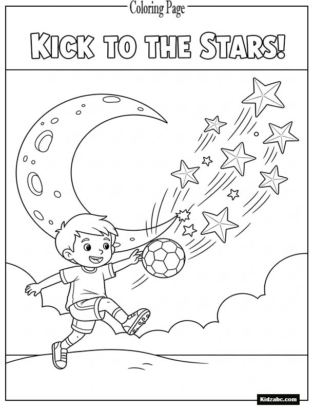 Kid kicking ball toward floating stars