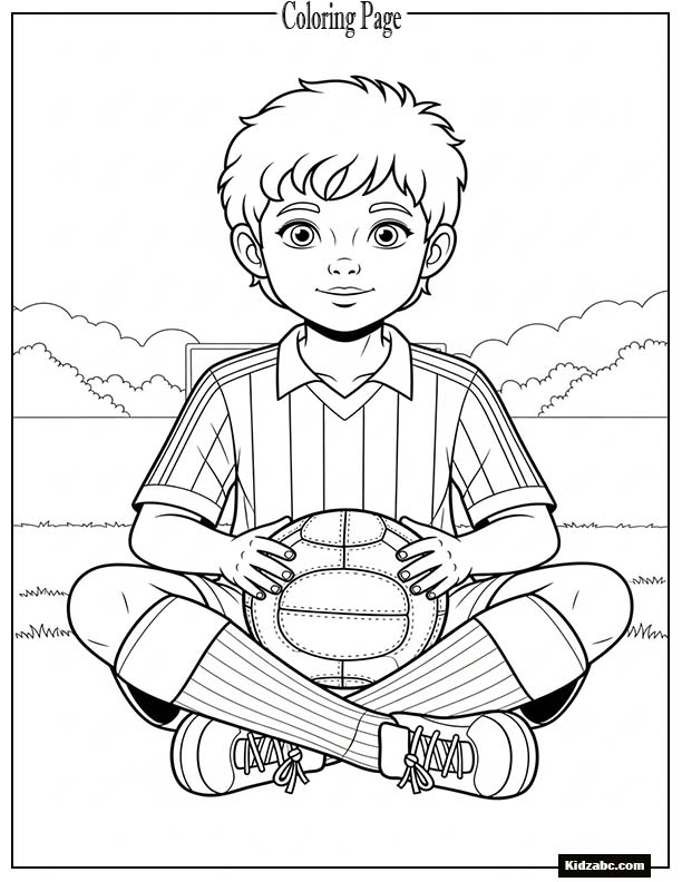 Player sitting cross-legged with ball in lap