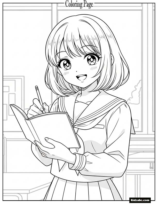 Smiling anime girl in a school uniform holding a notebook