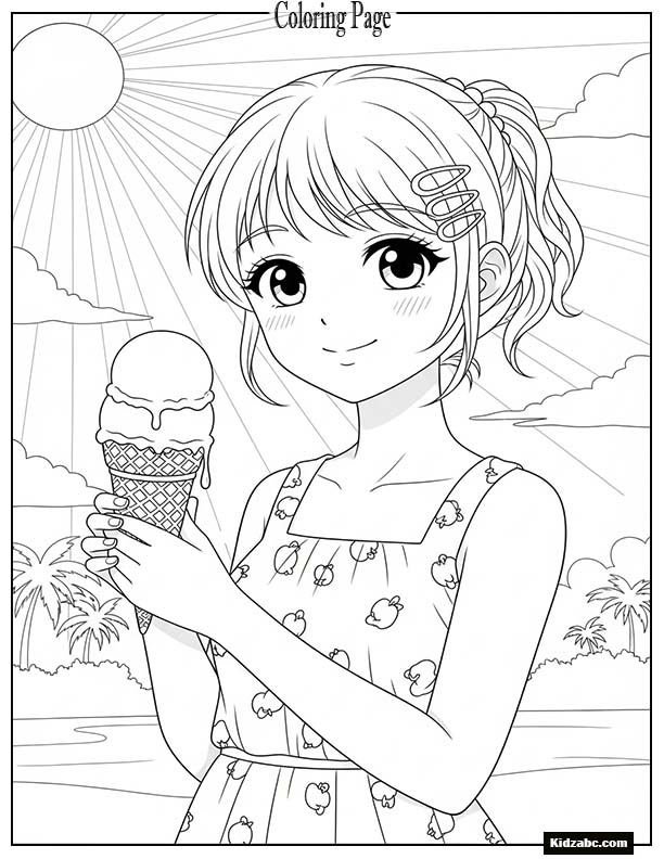 Sweet anime girl holding an ice cream cone