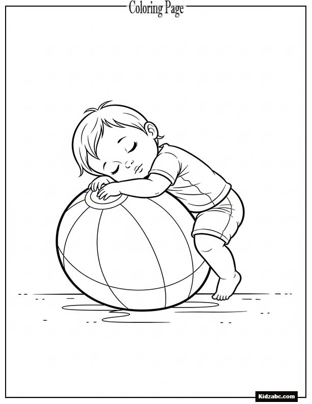 Tiny kid sitting on a ball resting
